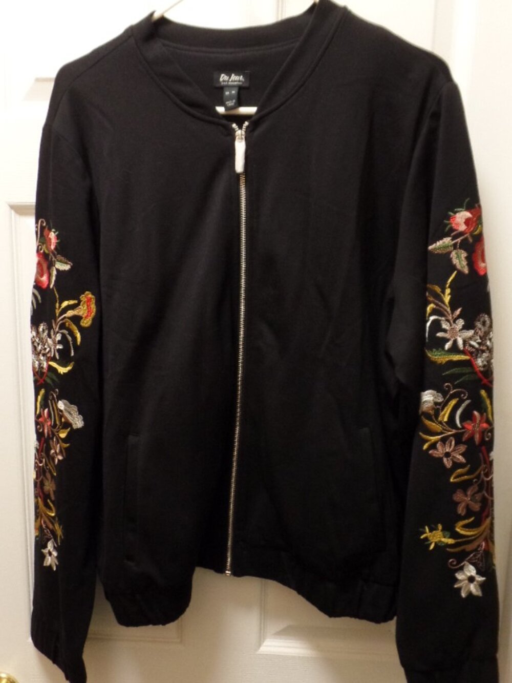 **NWoT**  Du Jour XL 18 20 Zip Front BLACK Embroidered! Ponte Knit Bomber Jacket